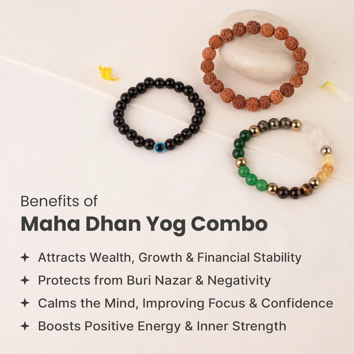 VASTUKOSHA Maha Dhan Yog spiritual bracelet set featuring 5 Mukhi Rudraksha, black obsidian evil eye, and crystal beads.