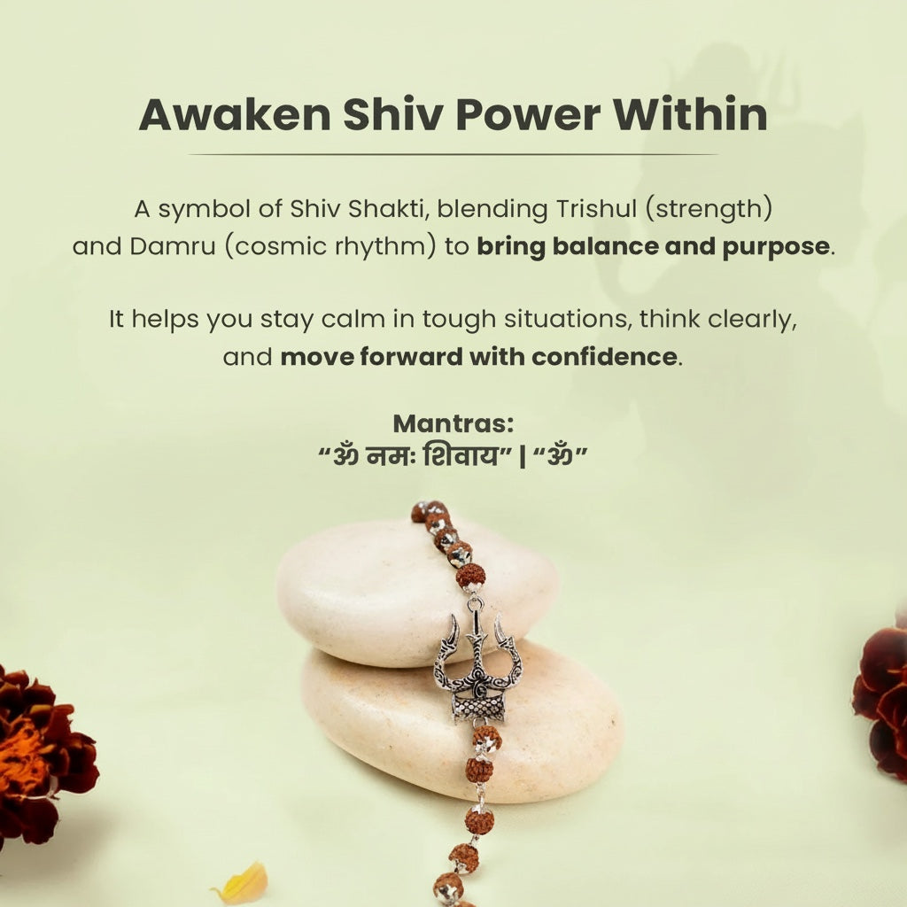 VASTUKOSHA Mahadev Trishul Damru Rudraksha bracelet with oxidised silver finish resting on smooth stones