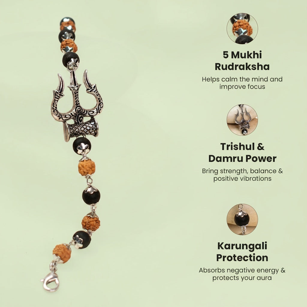 VASTUKOSHA Mahadev bracelet with 5 Mukhi Rudraksha, black Karungali beads, and oxidised silver Trishul and Damru charms.