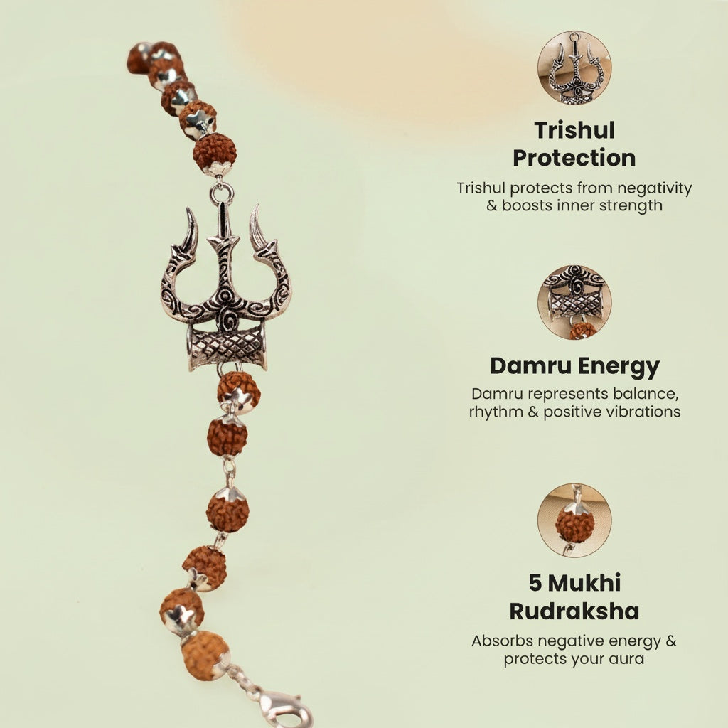 VASTUKOSHA Mahadev bracelet featuring a silver Trishul, Damru, and 5 Mukhi Rudraksha beads for spiritual practice.