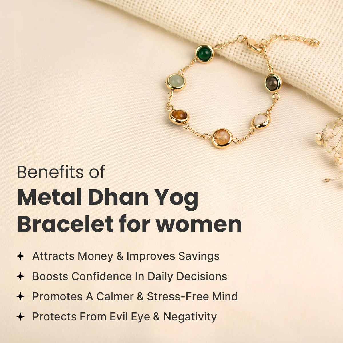 VASTUKOSHA Metal Dhan Yog bracelet for women featuring multi-colored natural crystals set in a gold-plated brass chain.