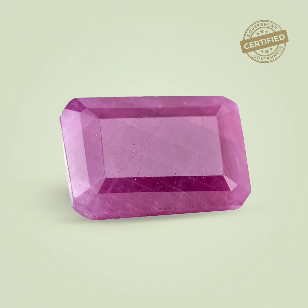 VASTUKOSHA natural African ruby gemstone with a rectangular cut and vibrant deep pinkish-red hue.