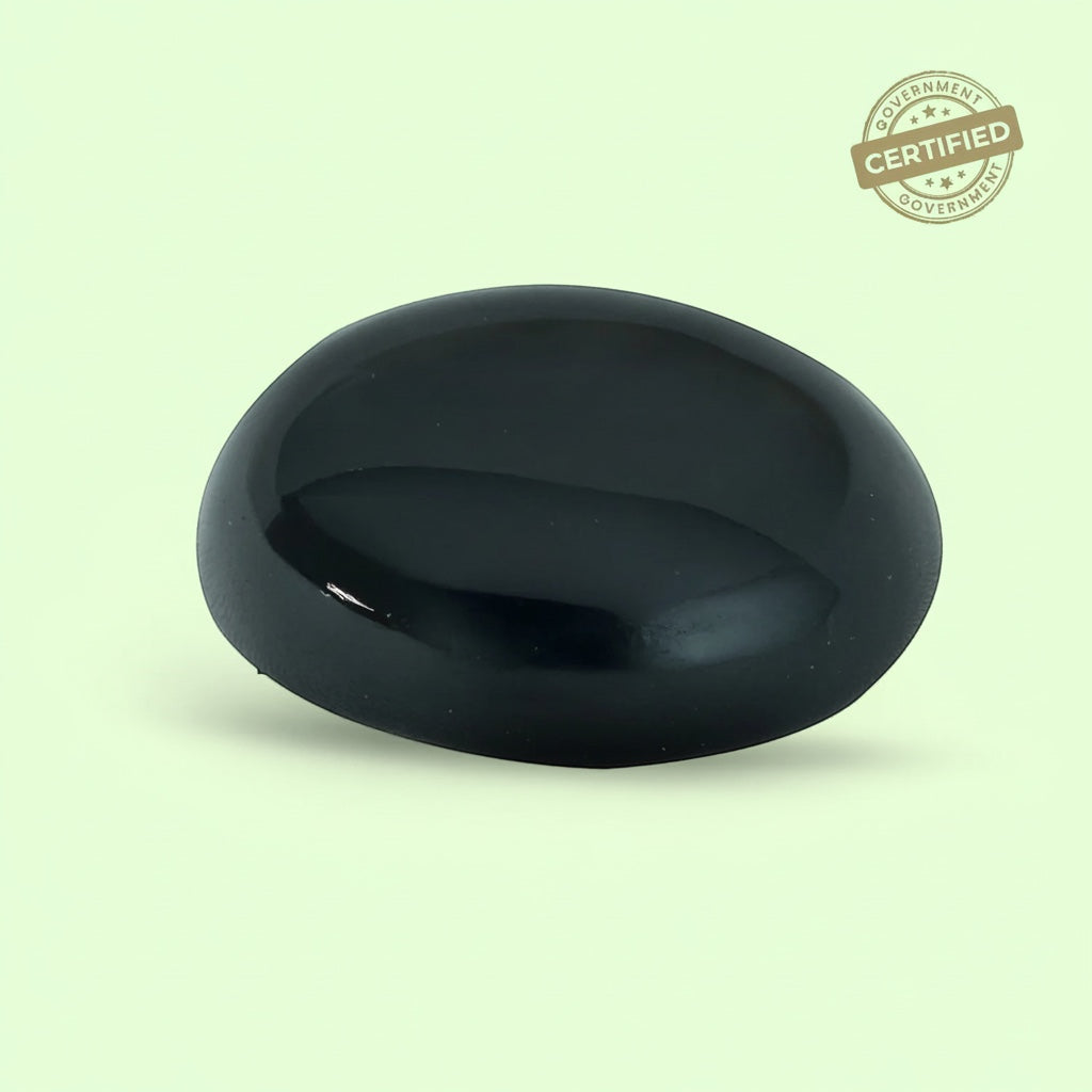 VASTUKOSHA natural black agate gemstone with a smooth polished surface, suitable for meditation and Vastu practices.