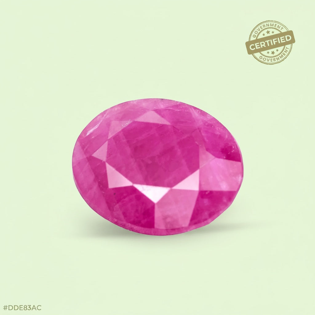 VASTUKOSHA natural Burmese ruby gemstone with a vibrant red hue and faceted oval cut for jewellery or Jyotish use.