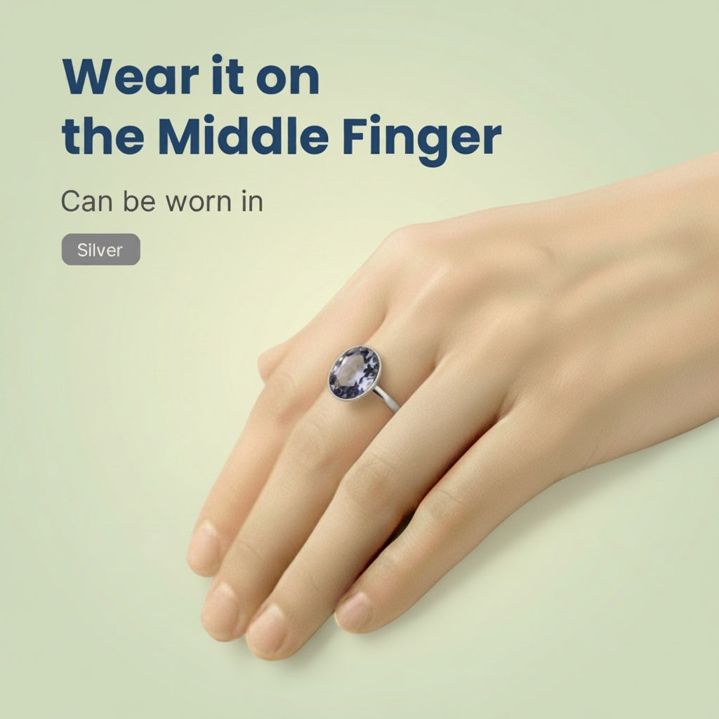 VASTUKOSHA natural iolite gemstone ring set in silver, worn on the middle finger for spiritual practice.