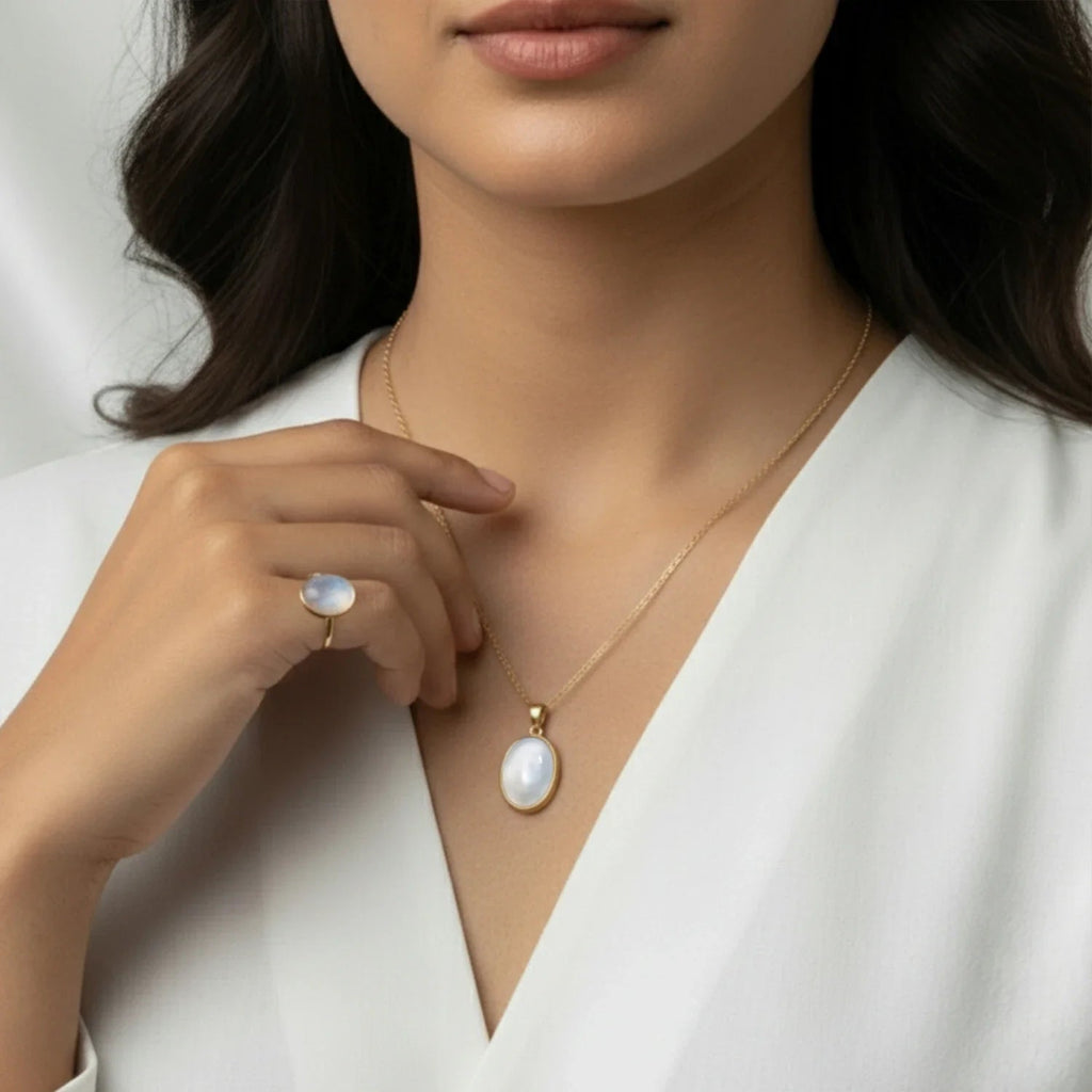 VASTUKOSHA natural moonstone pendant necklace and matching ring worn by a woman in a white blouse