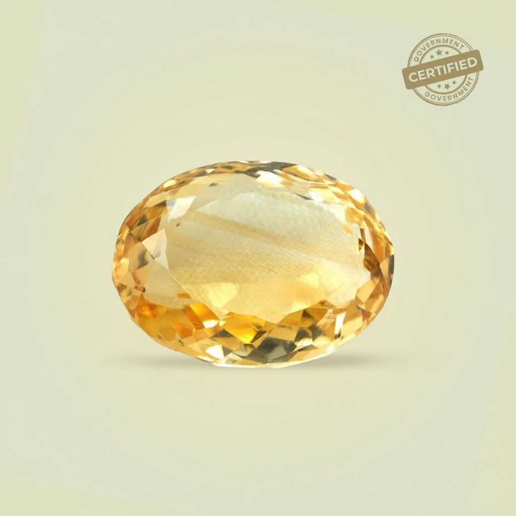 VASTUKOSHA natural oval-cut golden yellow citrine gemstone with a government certified seal for spiritual practice.