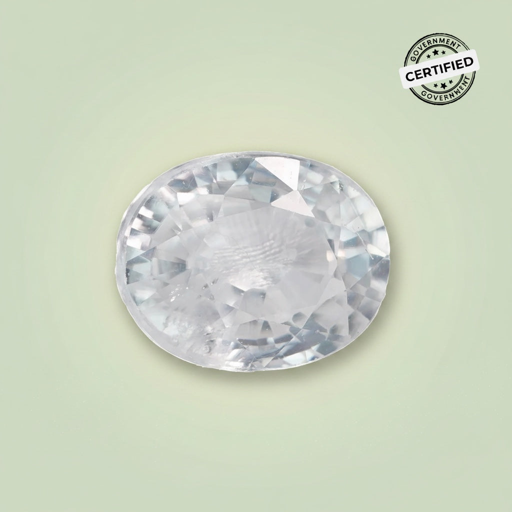 VASTUKOSHA natural white zircon gemstone with a brilliant oval cut, suitable for Jyotish and jewellery settings.