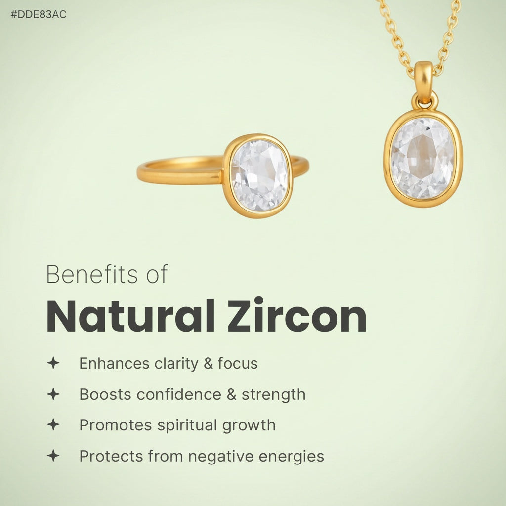 VASTUKOSHA natural zircon gemstone set in a gold ring and pendant, showcasing brilliance and elegant design.