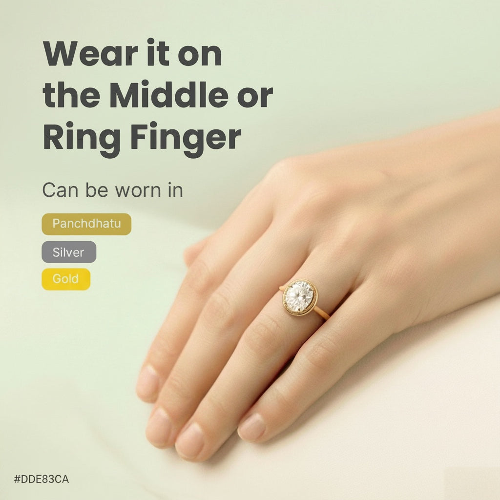 VASTUKOSHA natural zircon gemstone ring worn on a finger, showcasing elegant gold setting and brilliant stone lustre.