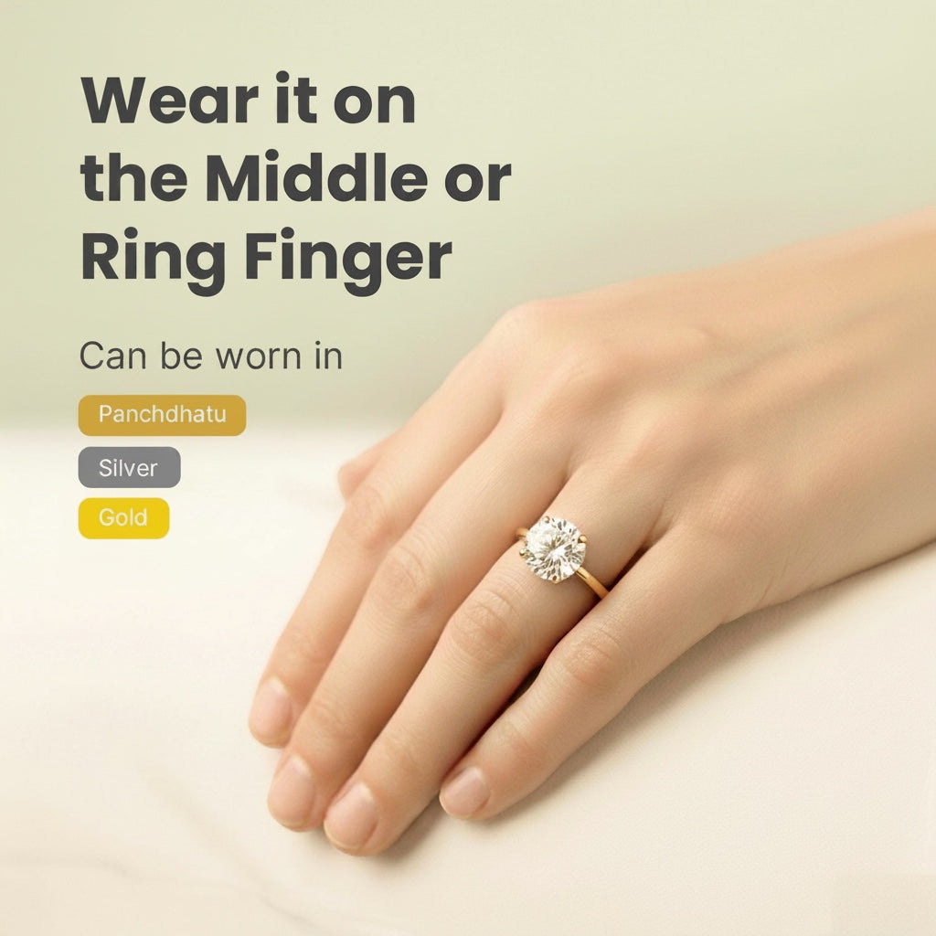 VASTUKOSHA natural zircon gemstone ring worn on a hand, showcasing elegant brilliance for astrological use.
