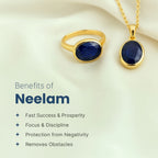 VASTUKOSHA natural blue Neelam gemstone ring and pendant set in gold, displayed on a soft white fabric background.