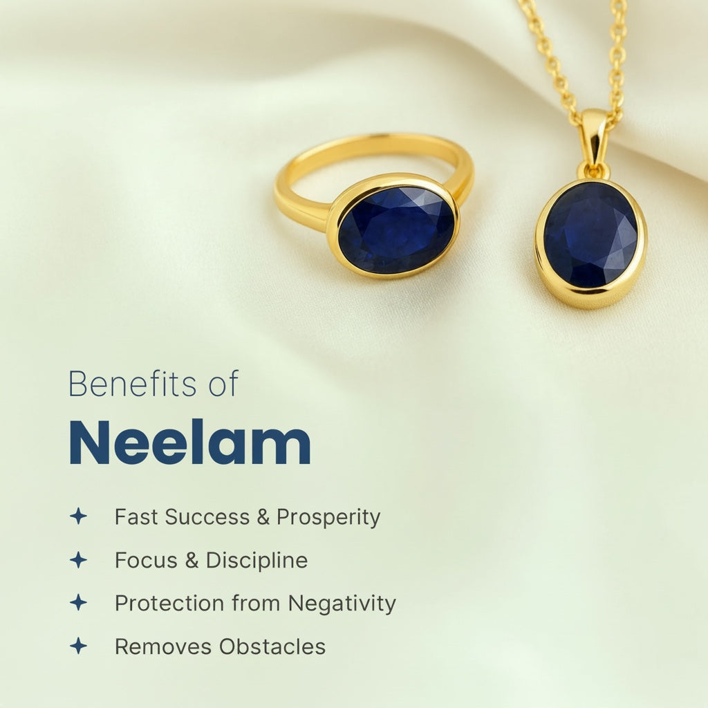 VASTUKOSHA natural blue Neelam gemstone ring and pendant set in gold, displayed on a soft white fabric background.