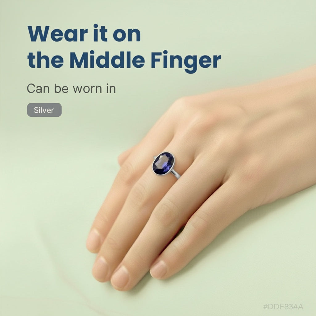 VASTUKOSHA natural Neelam gemstone ring set in silver, worn on the middle finger for spiritual practice.