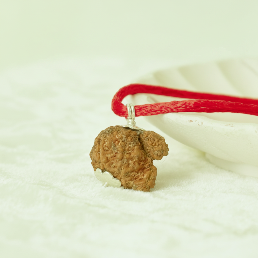 VASTUKOSHA Nepal origin Garbh Gauri Rudraksha bead on a red thread, featuring a natural textured brown seed.