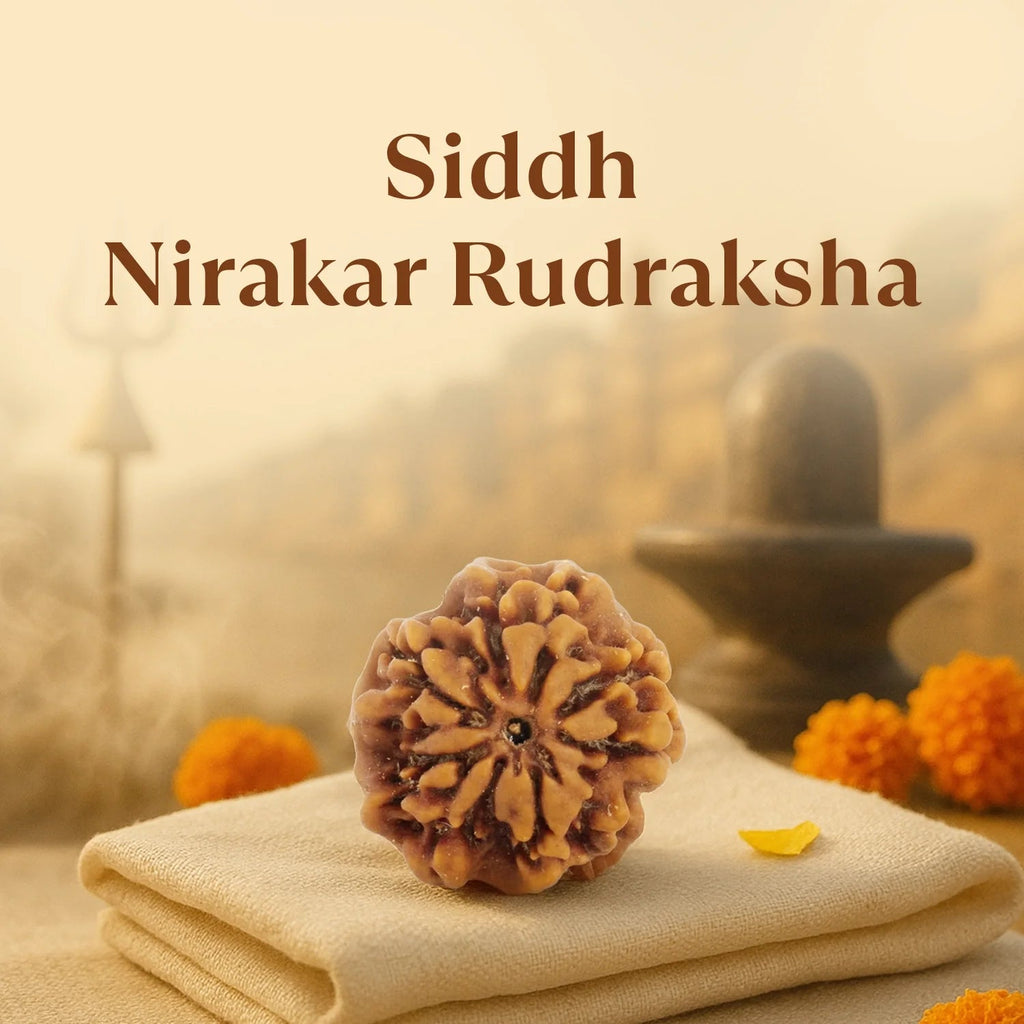 VASTUKOSHA Nepal origin 0 mukhi Nirakar Rudraksha bead on a cloth with a blurred Shiva Linga background