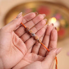 VASTUKOSHA OM Rudraksha Rakhi featuring a sacred OM bead and 5 Mukhi Rudraksha beads on a red and yellow thread