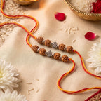 VASTUKOSHA OM Rudraksha Rakhi featuring 5 Mukhi Rudraksha beads and silver OM charms on a red and yellow thread.