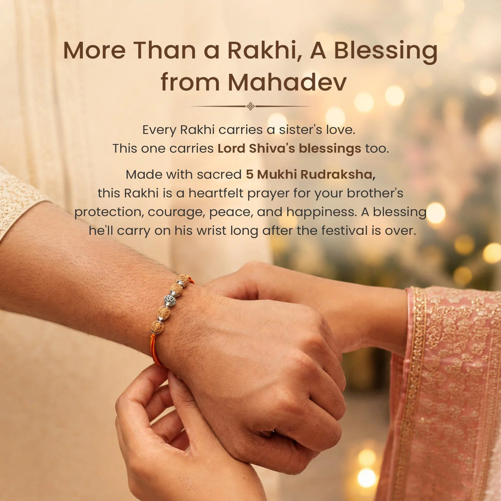 VASTUKOSHA OM Rudraksha Rakhi featuring a 5 Mukhi Rudraksha bead and sacred OM symbol tied on a brother's wrist.