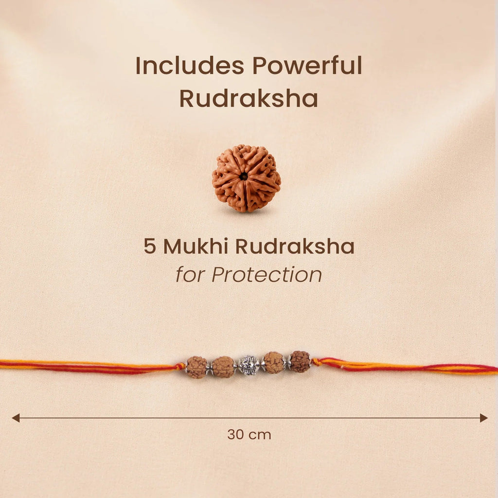 VASTUKOSHA OM Rudraksha Rakhi featuring a 5 Mukhi Rudraksha bead and a sacred OM charm on a traditional red and yellow thread.