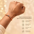 VASTUKOSHA OM Rudraksha Rakhi featuring a 5 Mukhi bead and sacred OM charm on a wrist for Raksha Bandhan.