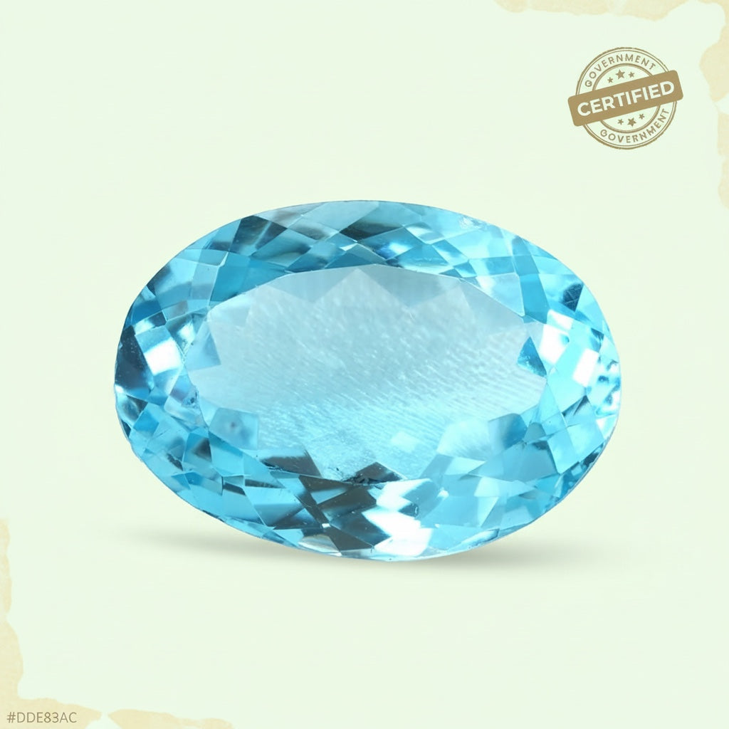 VASTUKOSHA oval-cut natural blue topaz gemstone with clear, bright facets for spiritual practice or jewellery.
