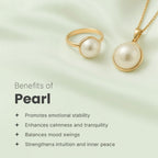 VASTUKOSHA pearl pendant and ring set in gold-tone metal on a soft green background with spiritual benefits listed