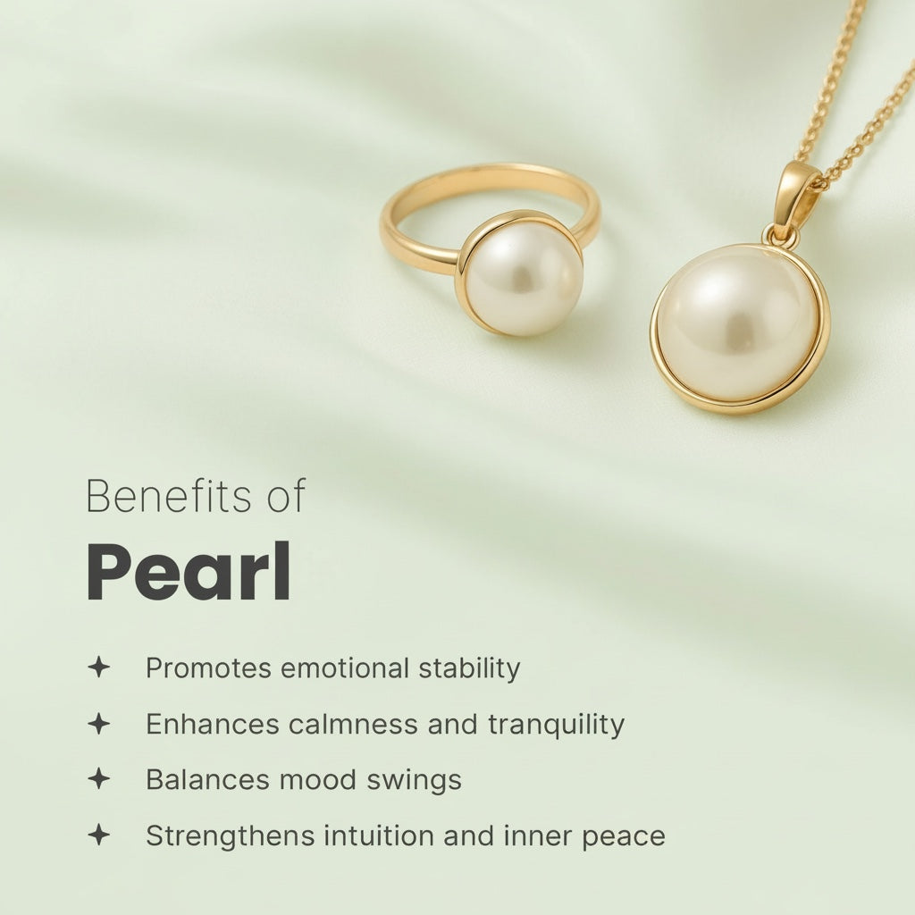 VASTUKOSHA pearl pendant and ring set in gold-tone metal on a soft green background with spiritual benefits listed