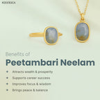 VASTUKOSHA Peetambari Neelam gemstone ring and pendant set in gold, featuring greyish-yellow oval stones.