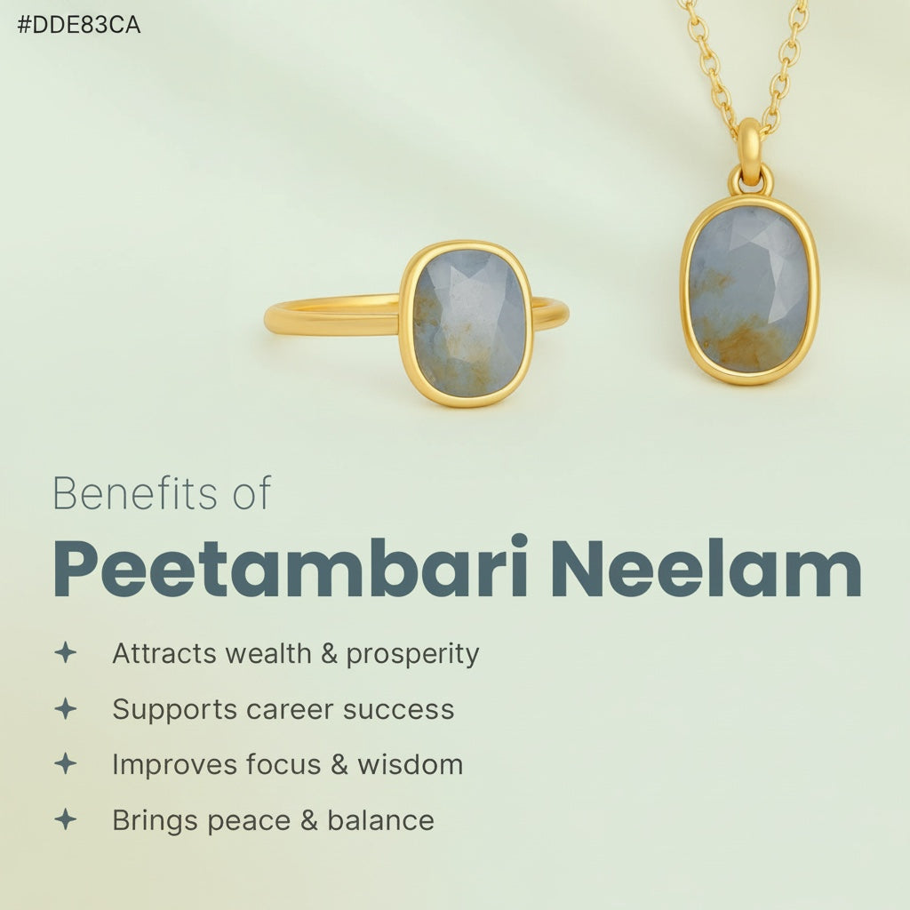 VASTUKOSHA Peetambari Neelam gemstone ring and pendant set in gold, featuring greyish-yellow oval stones.