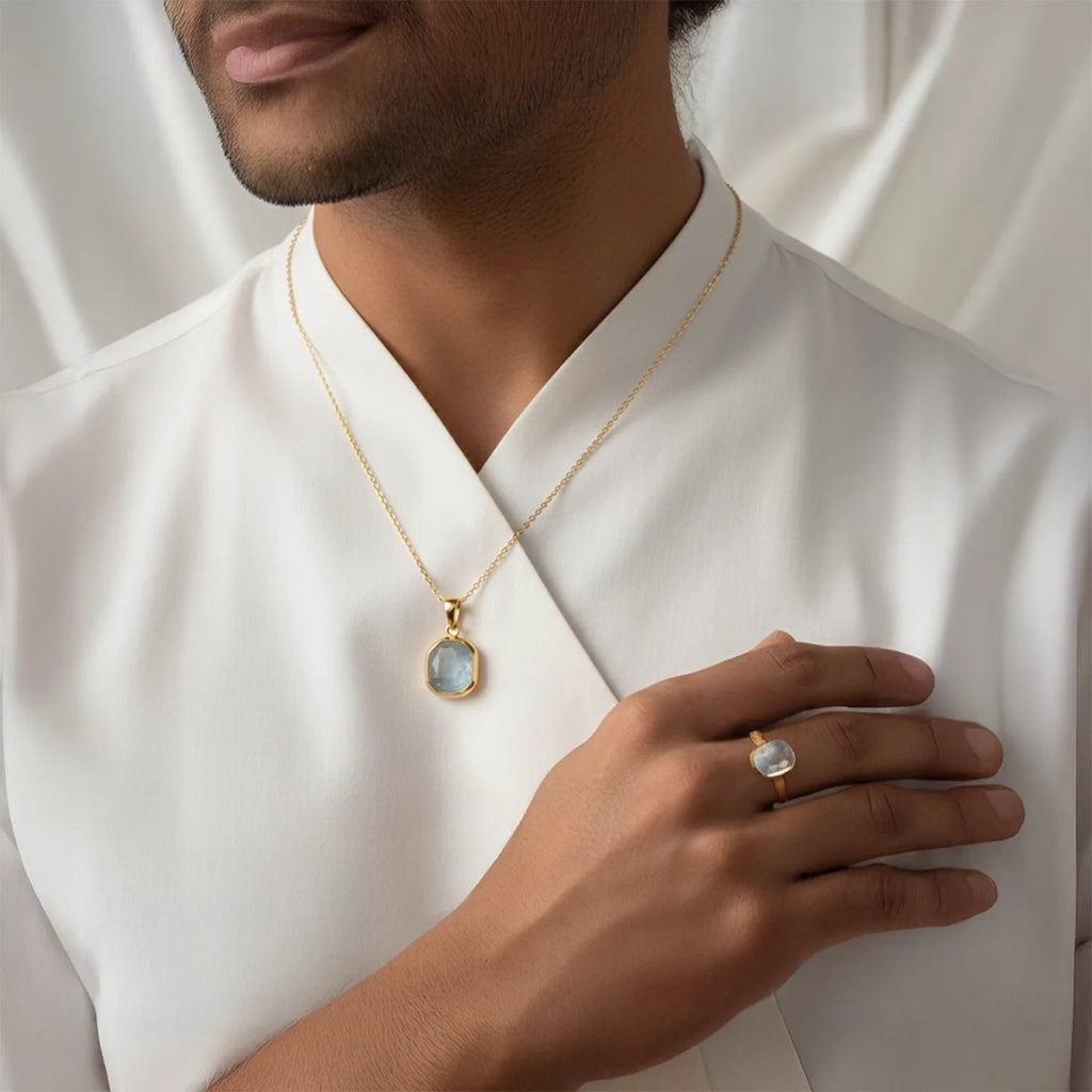 VASTUKOSHA Peetambari Neelam gemstone pendant and ring set worn by a man in a white shirt for a traditional look.