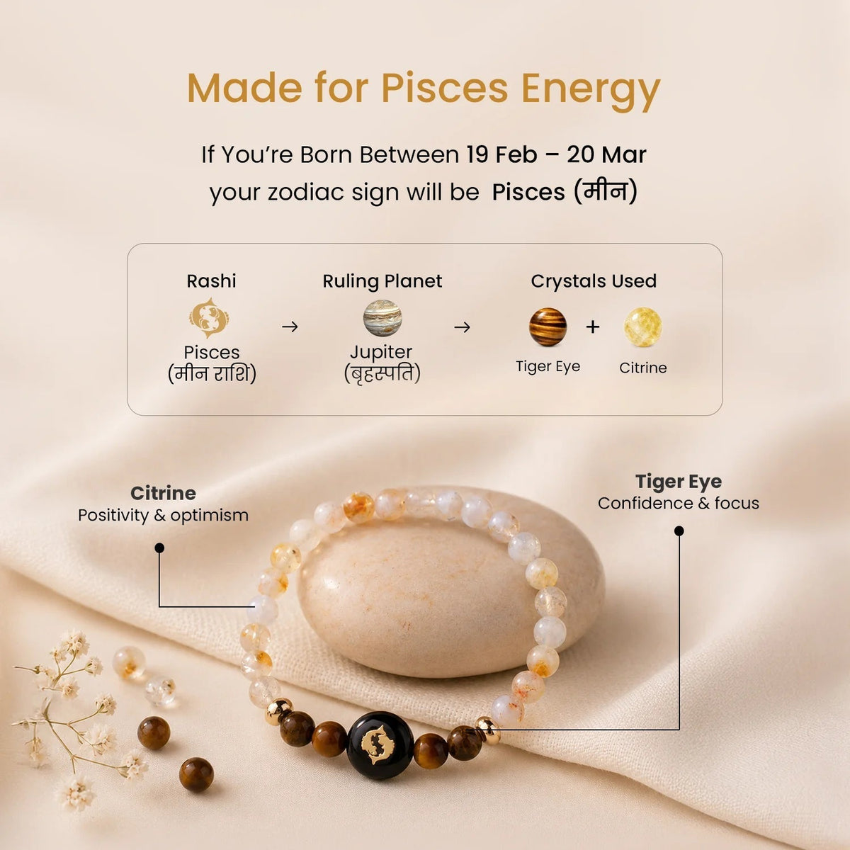 VASTUKOSHA Pisces zodiac bracelet featuring citrine and tiger eye beads with a central black charm on a stone surface.