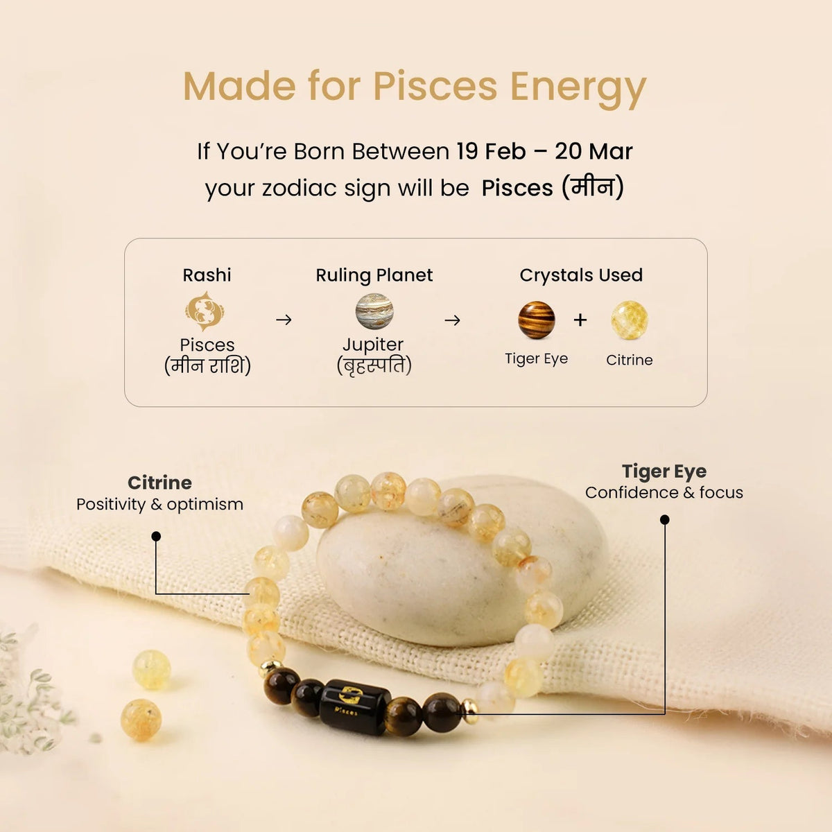 VASTUKOSHA Pisces zodiac bracelet featuring yellow citrine and brown tiger eye beads with a central black charm