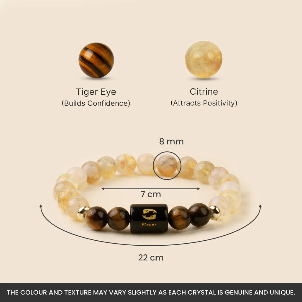 VASTUKOSHA Pisces zodiac bracelet featuring golden citrine and brown tiger eye beads with a central Pisces charm