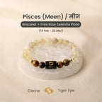 VASTUKOSHA Pisces zodiac bracelet featuring golden citrine and brown tiger eye beads with a raw selenite cleansing plate.