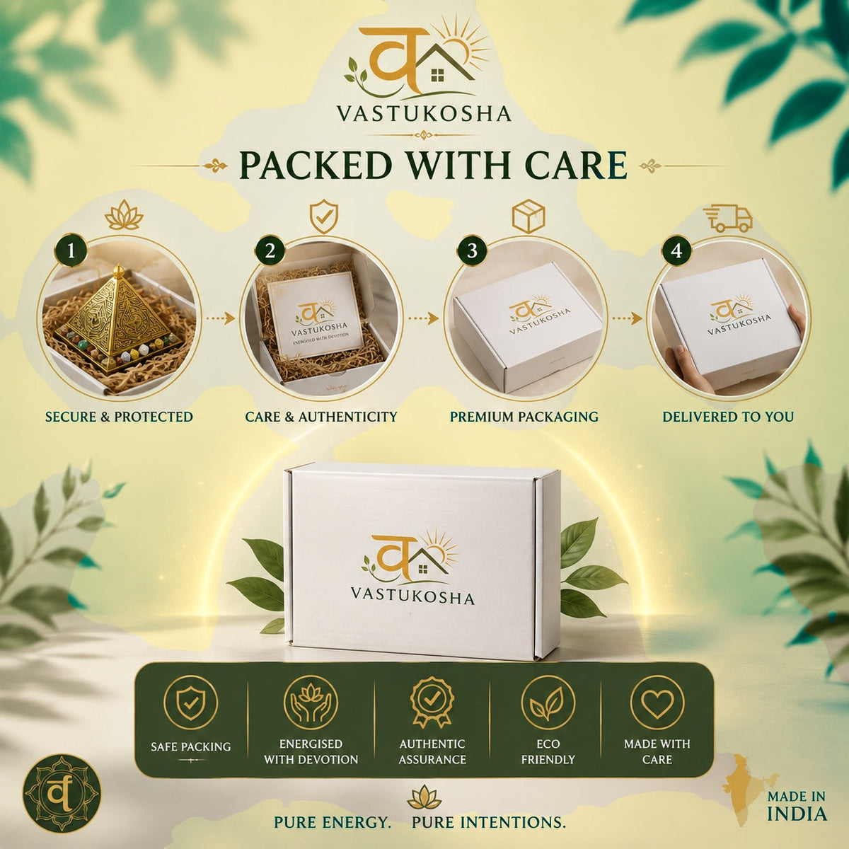 VASTUKOSHA branded premium packaging showing secure delivery process for energized spiritual products