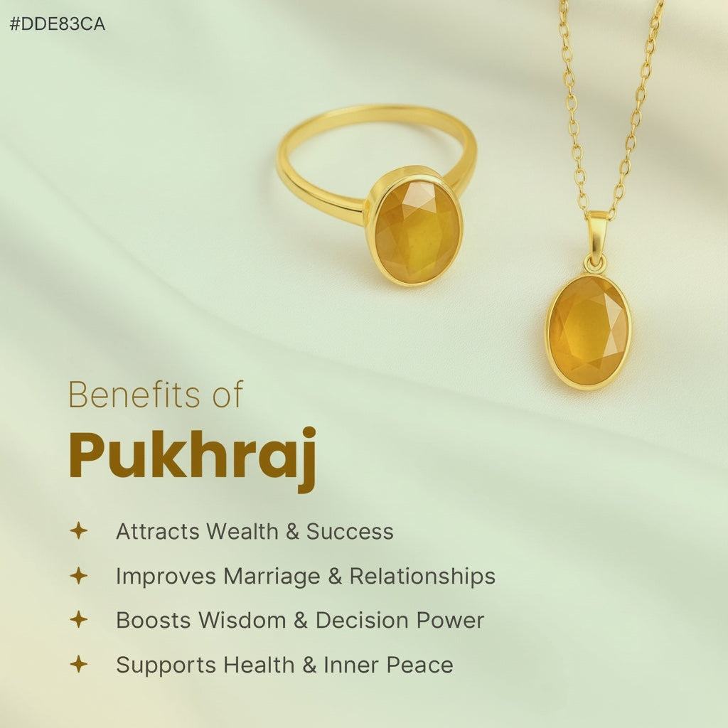 VASTUKOSHA Pukhraj yellow sapphire ring and pendant set on a soft draped fabric background with spiritual benefits text
