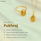 VASTUKOSHA Pukhraj yellow sapphire ring and pendant set on a soft draped fabric background with spiritual benefits text