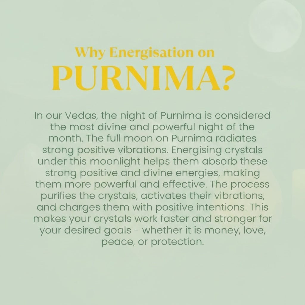 VASTUKOSHA informational graphic explaining the spiritual benefits of energising crystals under the Purnima full moon.