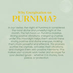 VASTUKOSHA informational graphic explaining the spiritual benefits of energising crystals under the Purnima full moon.