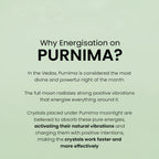 VASTUKOSHA informational graphic explaining the Purnima full moon energisation process for crystal bracelets