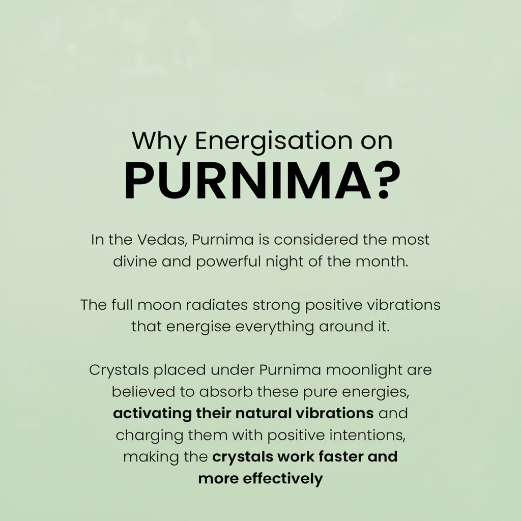 VASTUKOSHA informational graphic explaining the Purnima full moon energisation process for crystal bracelets