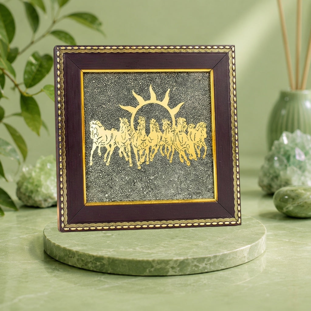VASTUKOSHA Vastu 7 Horses on a textured Pyrite frame with a matching Pyrite tortoise figurine for home and office decor.