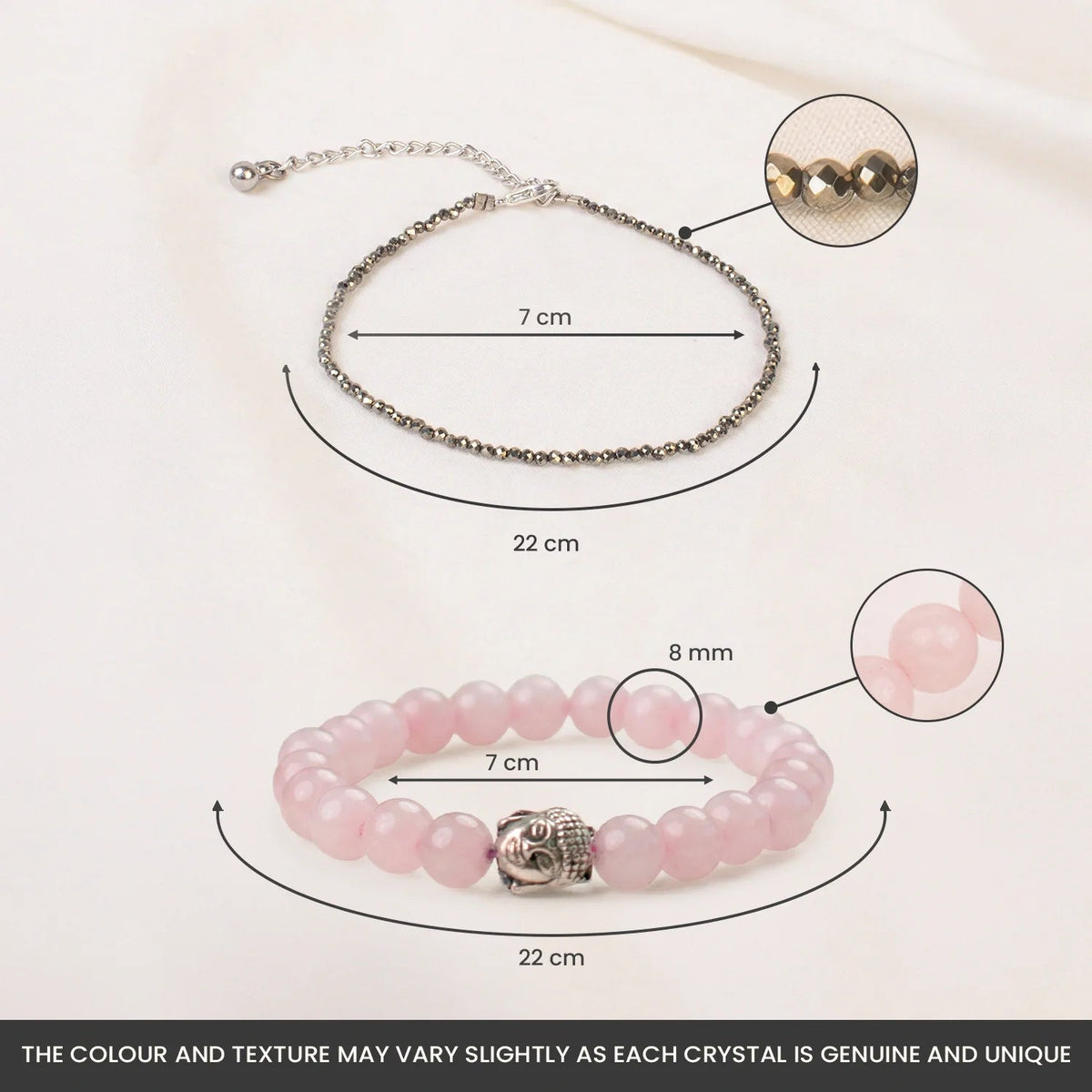 VASTUKOSHA pyrite anklet and rose quartz Buddha bracelet set with dimensions and crystal texture details