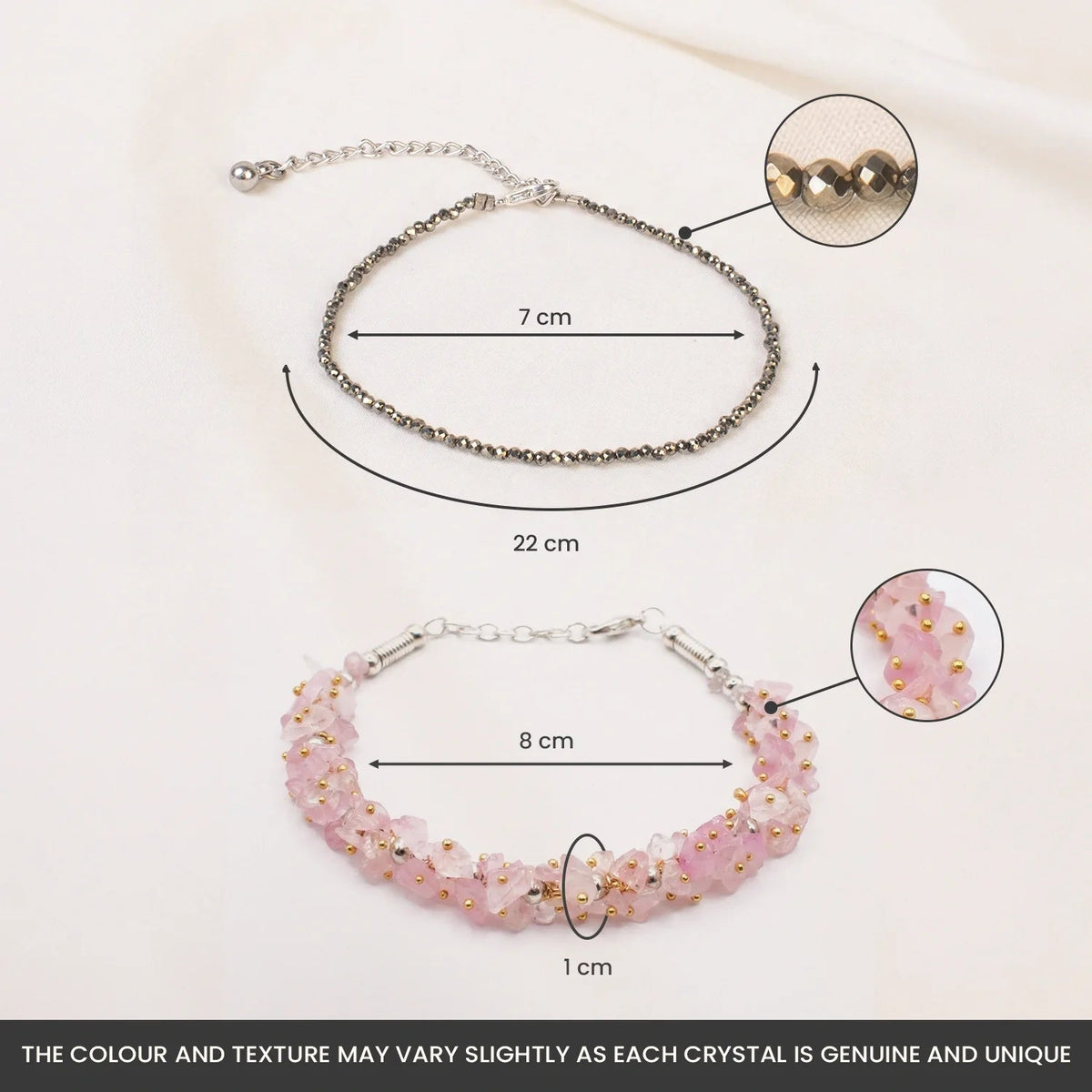 VASTUKOSHA raw pyrite anklet and rose quartz chip bracelet set with measurement details on a white fabric background.