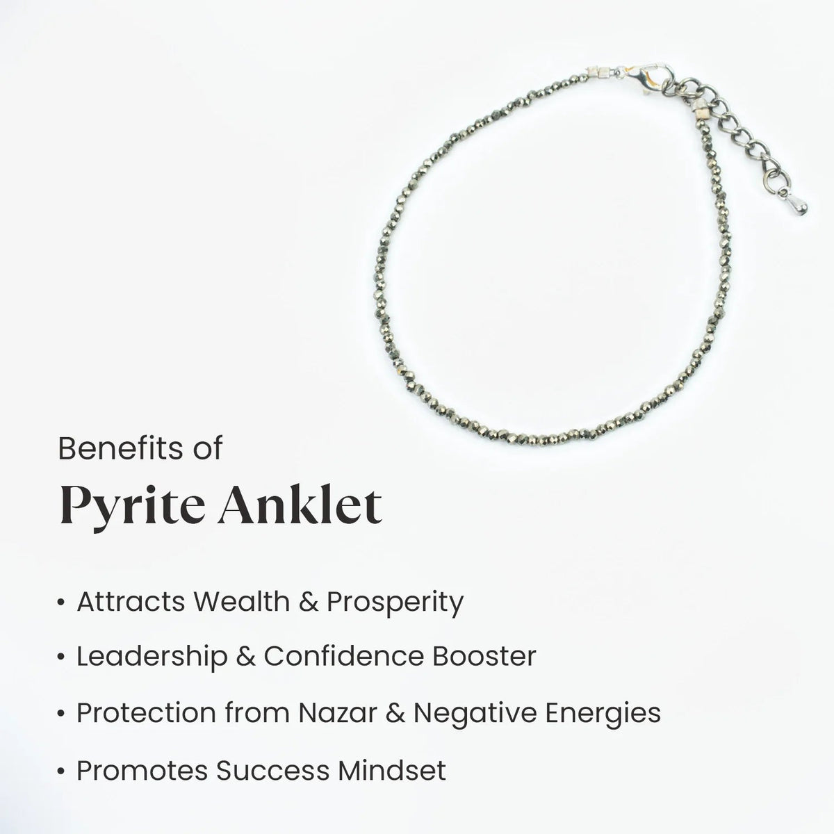 VASTUKOSHA pyrite beaded anklet with metallic clasp, presented with text highlighting prosperity and protection benefits