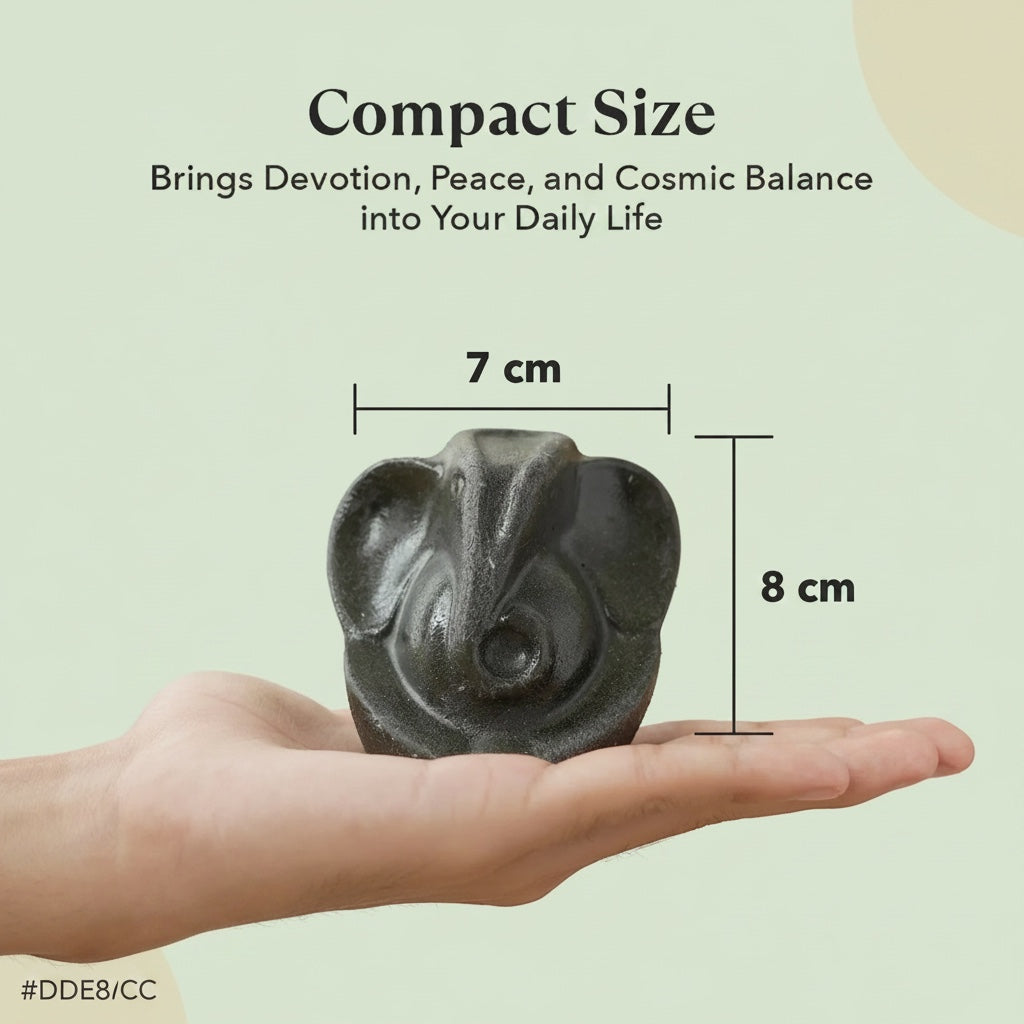 VASTUKOSHA Pyrite Ganesha idol held in a palm, showing compact 7cm by 8cm size for spiritual home or office decor.