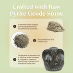 VASTUKOSHA infographic showing the crafting process of a raw pyrite geode stone into a Lord Ganesha idol.