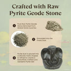 VASTUKOSHA Pyrite Ganesha idol manufacturing process showing raw stone, pyrite dust, and the finished molded statue.