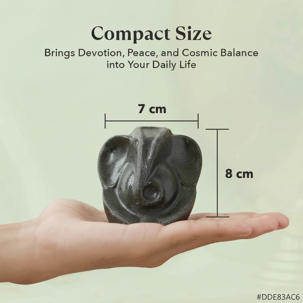 VASTUKOSHA Pyrite Ganesha idol held in a hand, showing its compact 7cm by 8cm size for home or office decor.